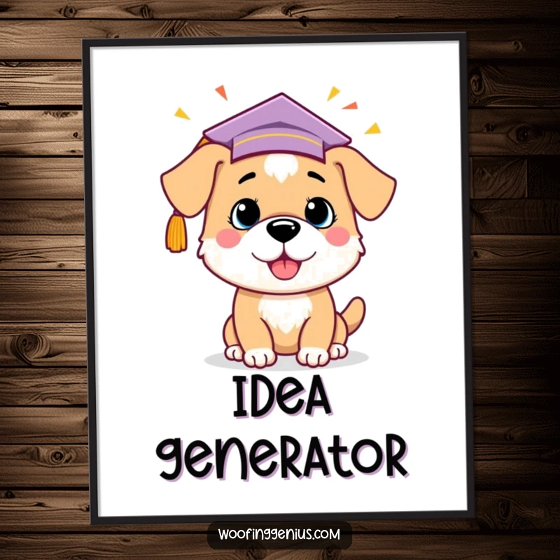 Funny dog wearing a graduation cap, celebrating a lightbulb idea, displayed as smart wall art on a poster.