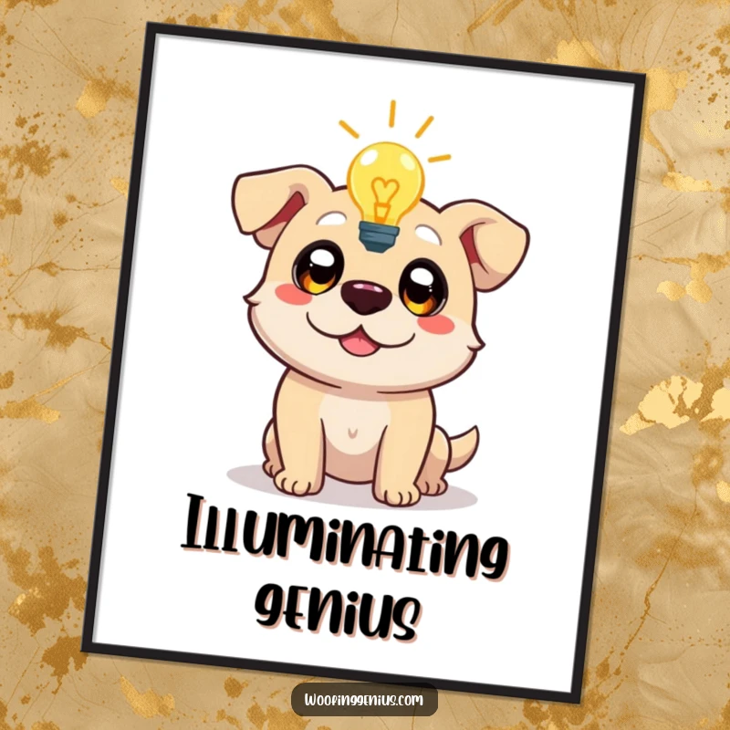 Funny poster capturing a dog character with a glowing lightbulb overhead, eyes wide with inspiration, symbolizing a moment of pure genius.