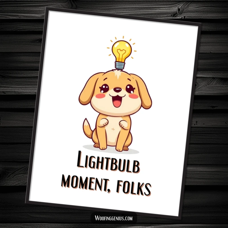 Funny dog poster depicting a dog with an illuminated lightbulb, energetically sharing a brilliant idea.