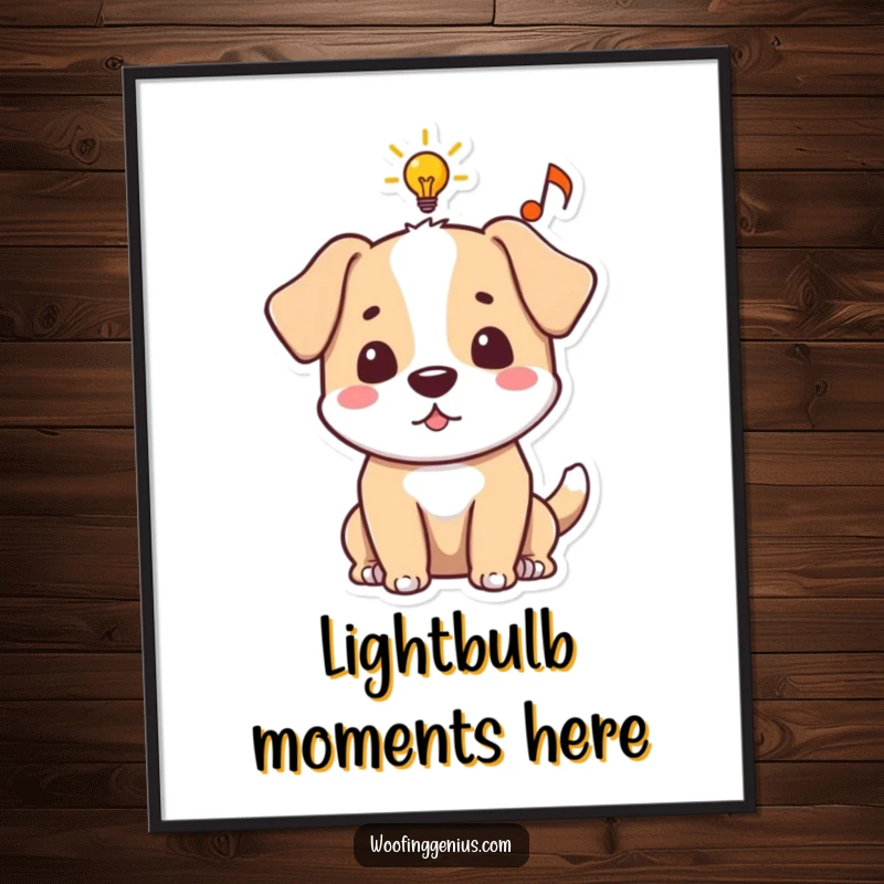 Funny dog poster featuring a lightbulb and musical note in an idea bubble, representing creative breakthroughs.