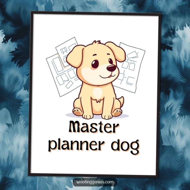 Funny poster artwork of a dog looking deeply thoughtful while surrounded by spread-out architectural blueprints and design schematics.