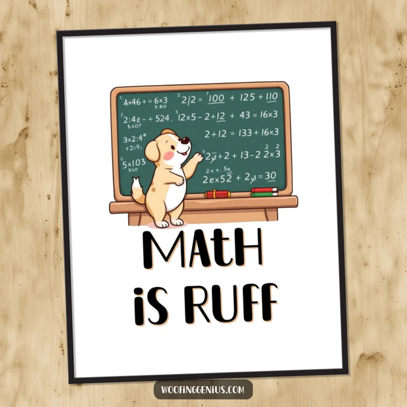 Funny dog poster illustrating a dog excitedly pointing to complex mathematical equations on a chalkboard.