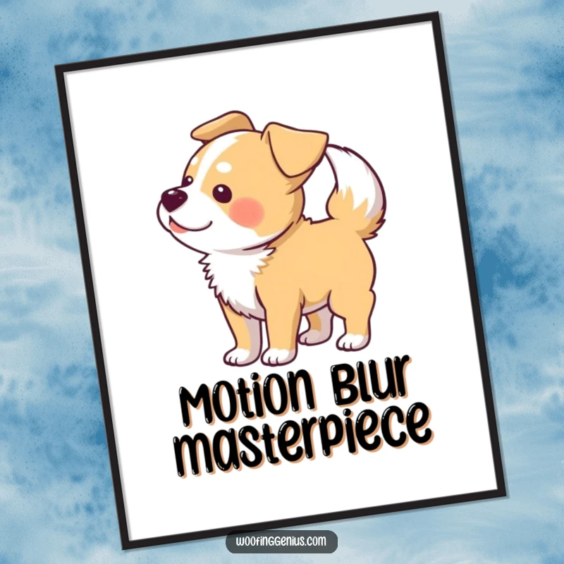 Funny art poster of a dog whose tail wagging creates a blur pattern of its whole body.