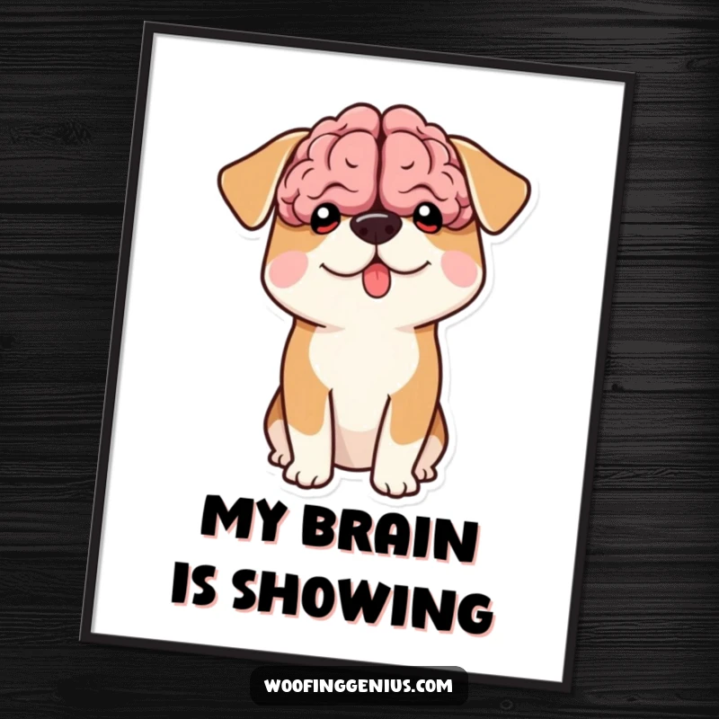Funny art poster of a dog with a comically large brain shape peeking out from its head.
