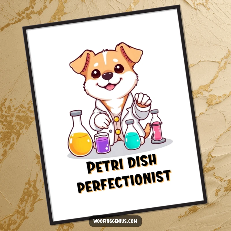 Funny dog poster illustrating a dog in a lab coat mixing colorful liquids with a smile.