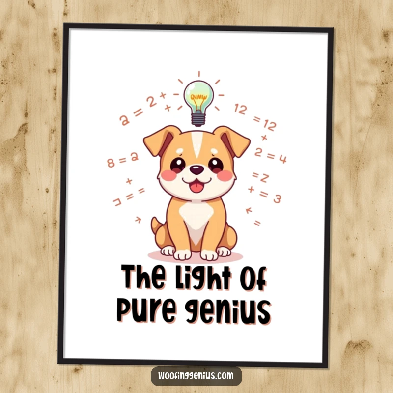 Funny dog poster depicting a dog amidst floating equations, a bright lightbulb overhead symbolizing a key idea.