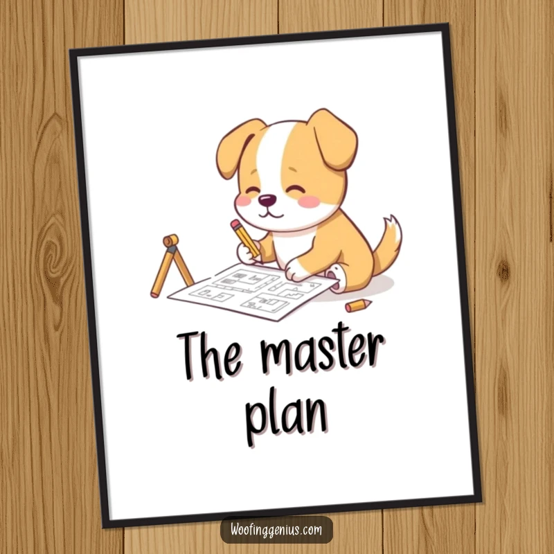 Funny Poster: A dog carefully sketches complex blueprints with a miniature pencil, embodying precision and design.