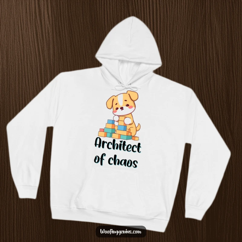 Funny Hoodie: Dog meticulously building a towering block structure, a humorous and cozy garment for creators.