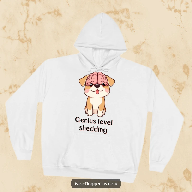 Funny hoodie showing a dog with a comically large brain shape peeking out from the top of its head.