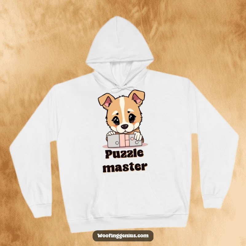 Funny Hoodie: Dog gazing thoughtfully at a completed complex puzzle, a humorous and cozy garment for thinkers.