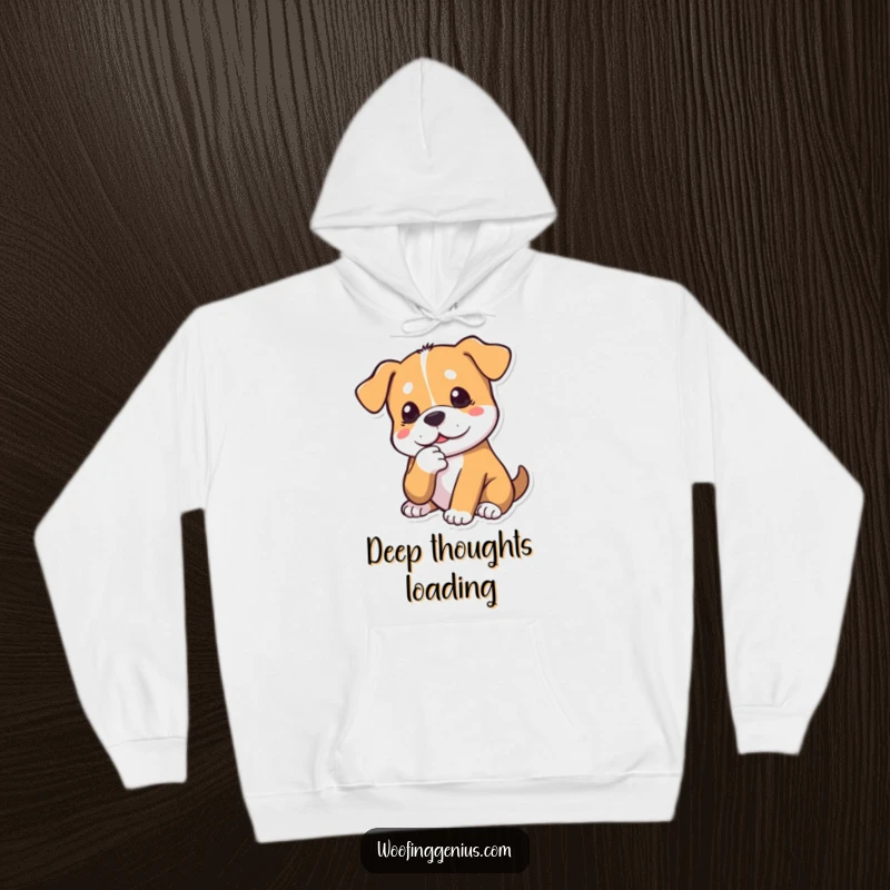 Funny dog hoodie featuring a dog tapping its chin thoughtfully. Cozy apparel for thinkers.
