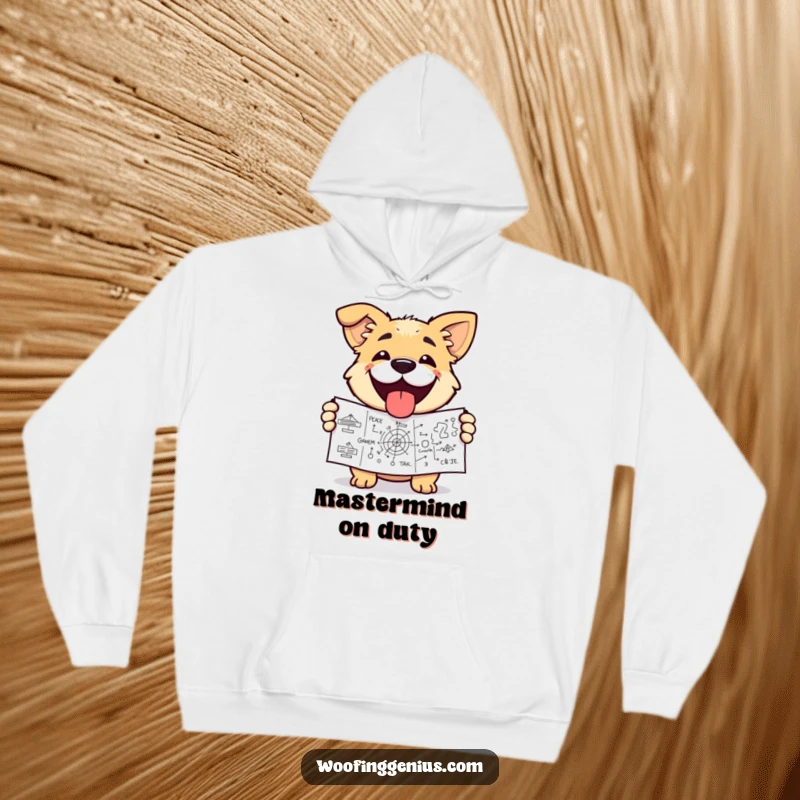 Funny dog hoodie featuring a dog with a triumphant grin, holding a complex diagram. Cozy and proud.