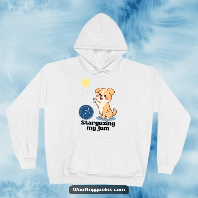 Funny hoodie featuring a dog with an outstretched paw, dramatically pointing towards a detailed constellation on a star chart.