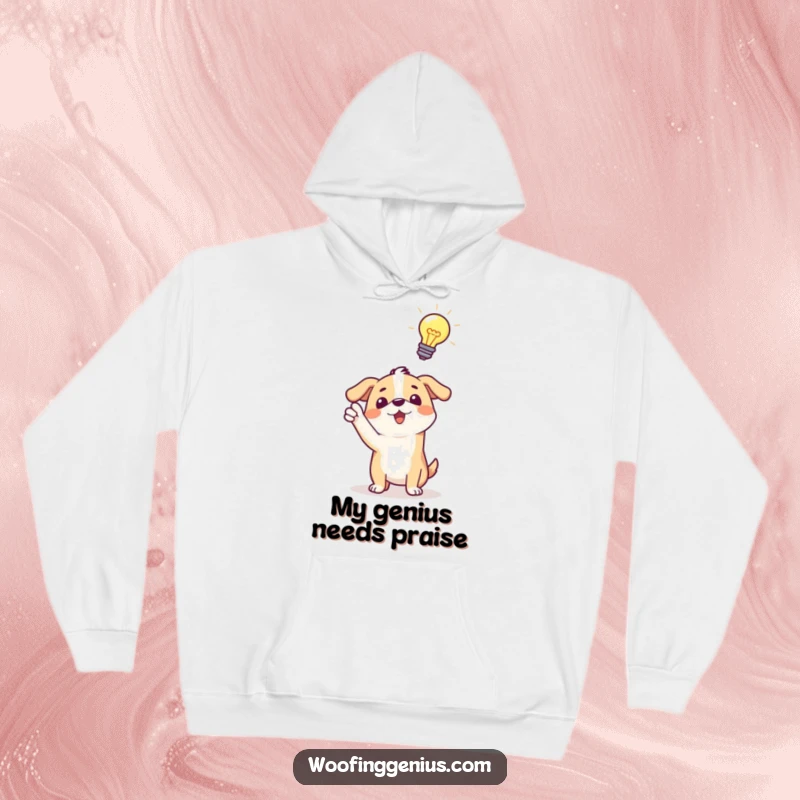 Funny hoodie: a dog excitedly pointing, with a large, glowing lightbulb illuminating above its head, representing an epiphany.