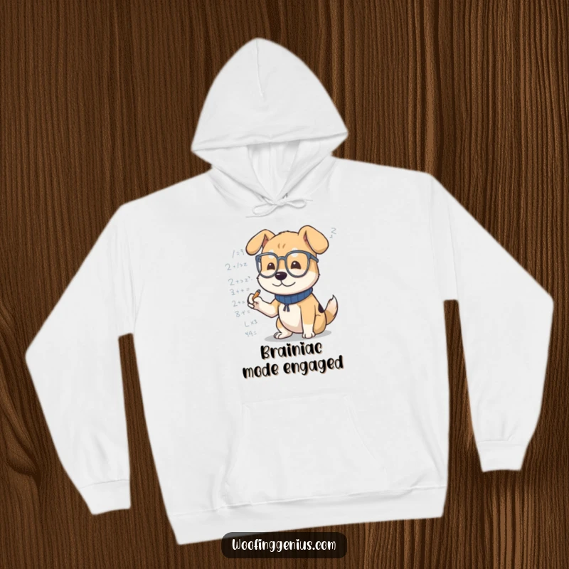 Funny dog hoodie featuring an intellectual dog in spectacles, engrossed in scribbling complex equations. Cozy and smart.