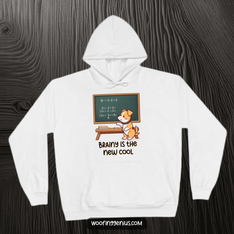 Funny hoodie featuring a brilliant dog gesturing towards a bewildering mathematical equation on a chalkboard, exuding smarts.