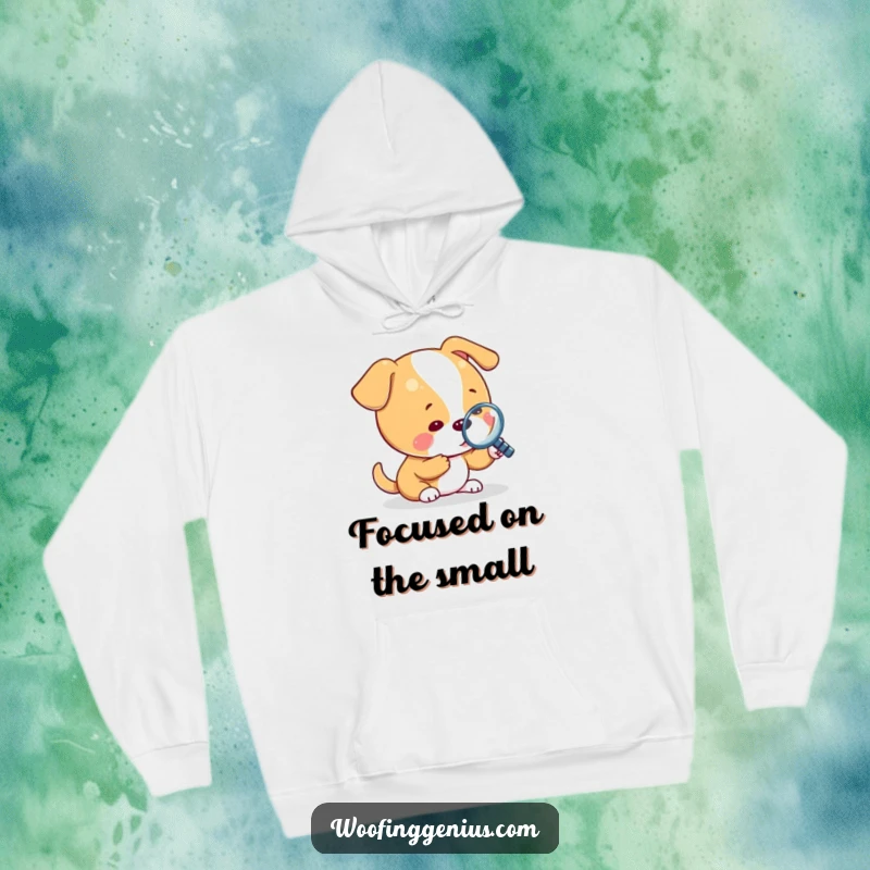 Funny hoodie featuring a dog with a magnifying glass, inspecting a very small object, embodying a curious detective.