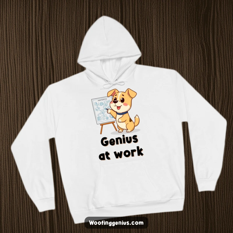 Funny dog blueprint hoodie, a wise dog pointing at a complex blueprint with a wagging tail, symbolizing great ideas.