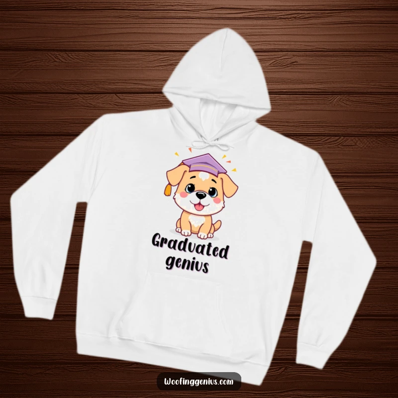 Funny dog wearing a graduation cap, celebrating a bright idea, on a cozy hoodie, perfect for scholars.