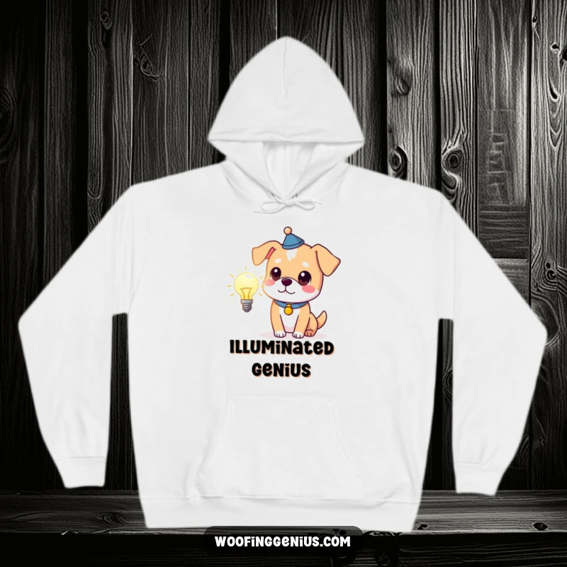 Funny clever dog wearing a thinking cap and holding a glowing lightbulb, featured on a warm hoodie for cozy, intelligent humor.