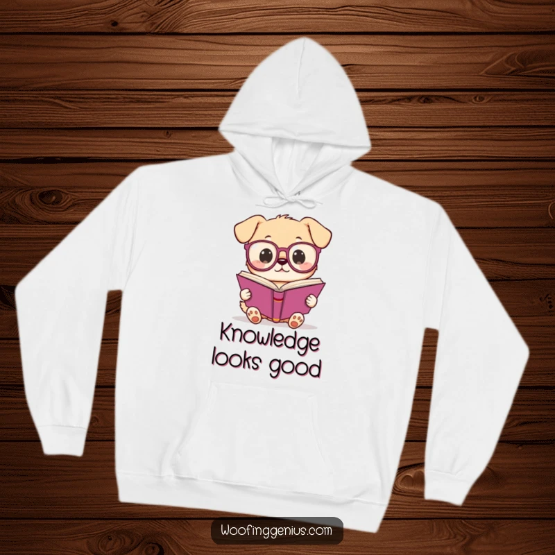 Funny Kawaii dog in spectacles reading a book, soft hoodie design for cozy, humorous enjoyment and a quirky, intellectual vibe.