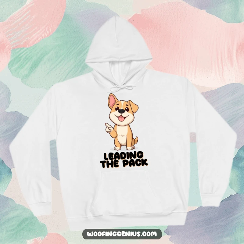 Funny dog confidently using a miniature pointer during a presentation, a warm and humorous hoodie.