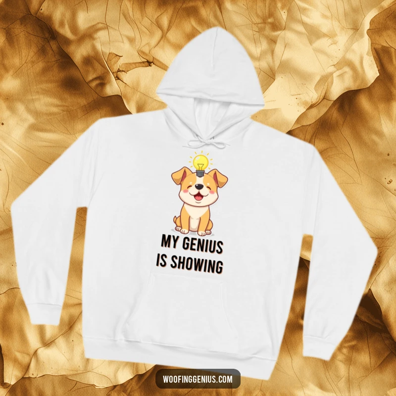 Funny hoodie illustrating a dog with a bright, glowing lightbulb hovering above its head, symbolizing a moment of genius.