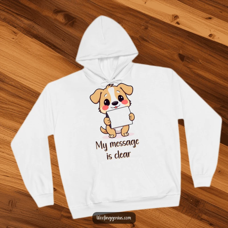 Funny dog hoodie with a dog winking and offering a stack of colorful notecards, perfect for thoughtful greetings.