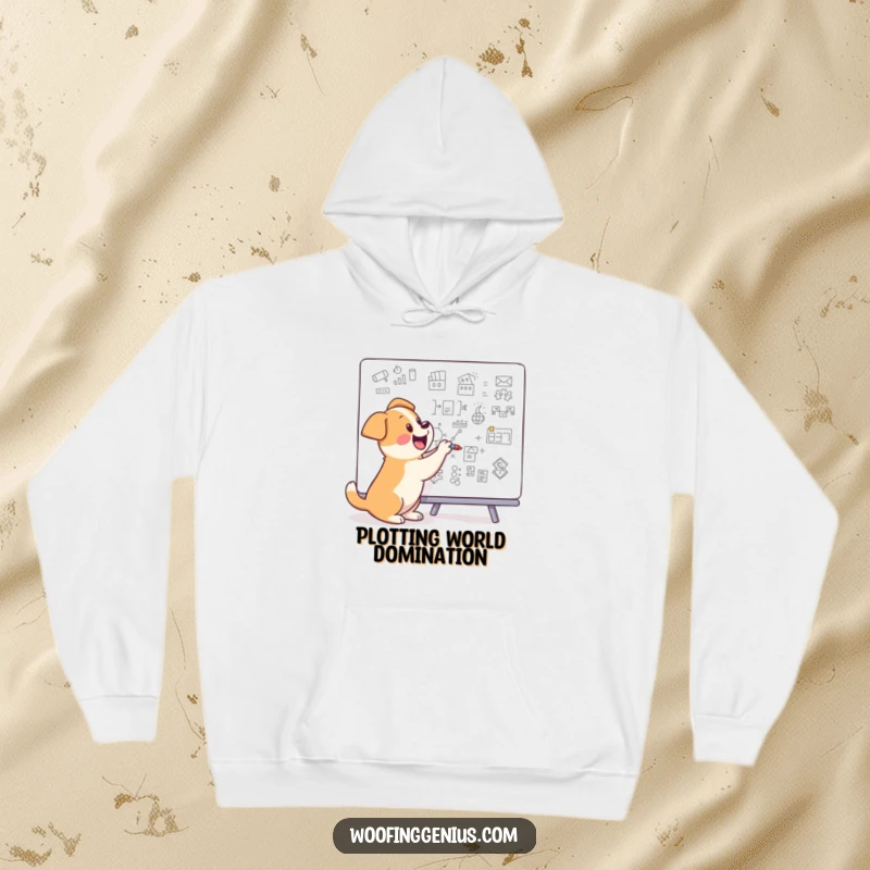 Funny dog drawing detailed diagrams on a whiteboard, featured on a warm and cozy hoodie.