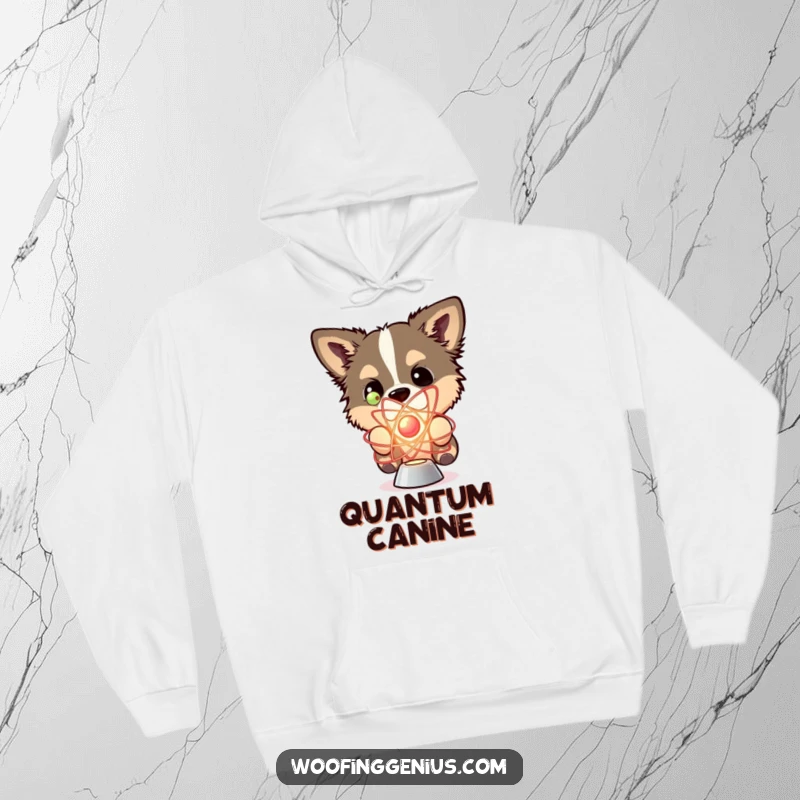 Funny hoodie showing a dog intently examining a spinning atom model.