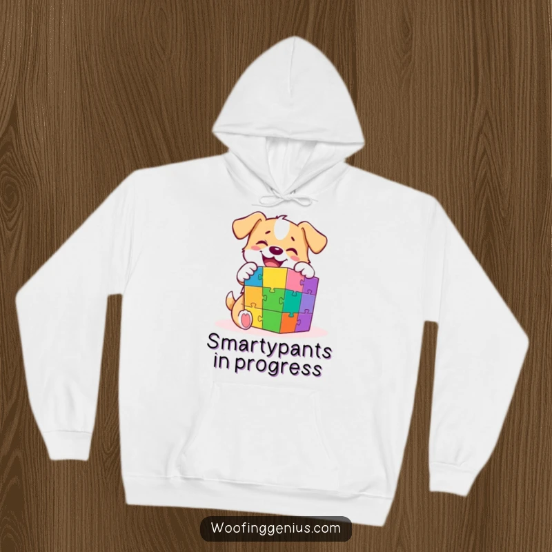 Funny hoodie showcasing an adorable dog gleefully engrossed in solving a multi-colored puzzle cube, radiating intelligence and fun.