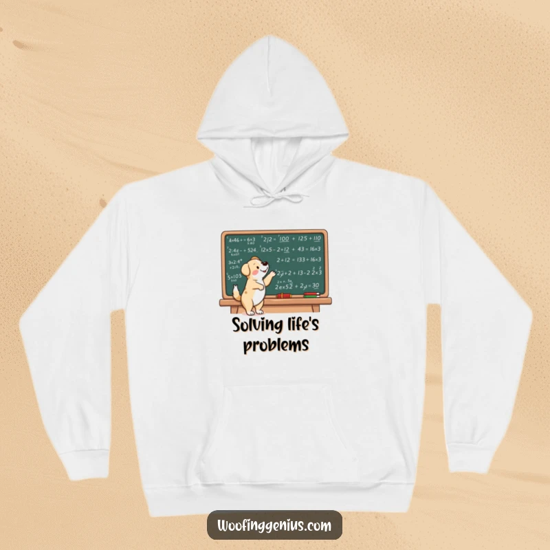 Funny dog hoodie depicting a dog pointing at complex math equations on a chalkboard.