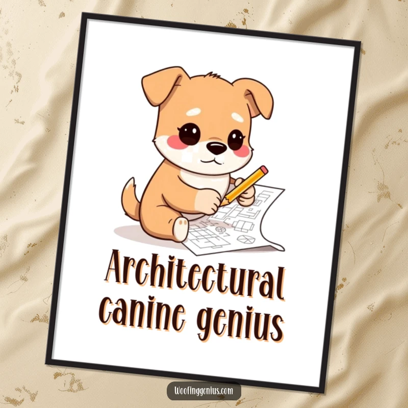 Funny free printable wall art, a dog intensely focused on sketching intricate blueprints using a very tiny pencil.