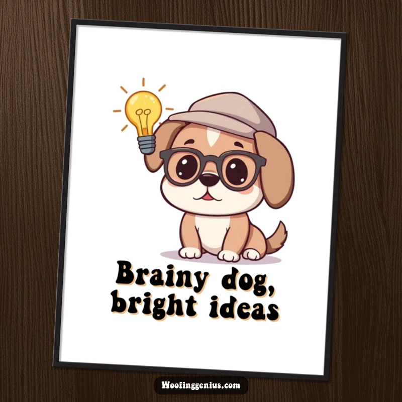 Funny free printable wall art, a dog with glasses and thinking cap, a glowing lightbulb signifying a brilliant idea.