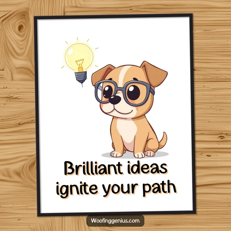 Funny Free Printable Wall Art: A dog sporting large spectacles, intently contemplating a glowing lightbulb, symbolizing creative thought.