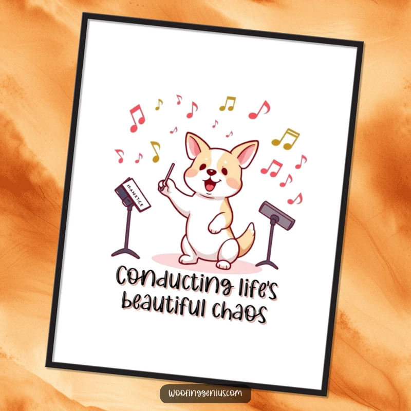 Funny Free Printable Music Dog Wall Art: A dog conducting a symphony of colorful musical notes, creating a lively atmosphere.