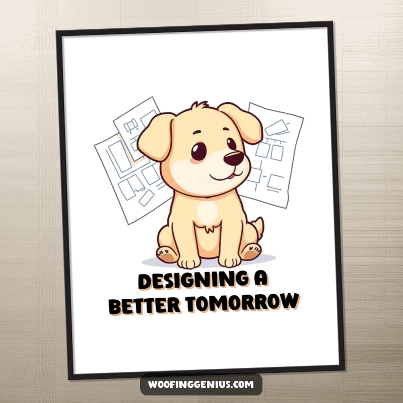 Funny free printable wall art depicting a dog looking thoughtfully at a table covered in intricate blueprints, deep in contemplation.