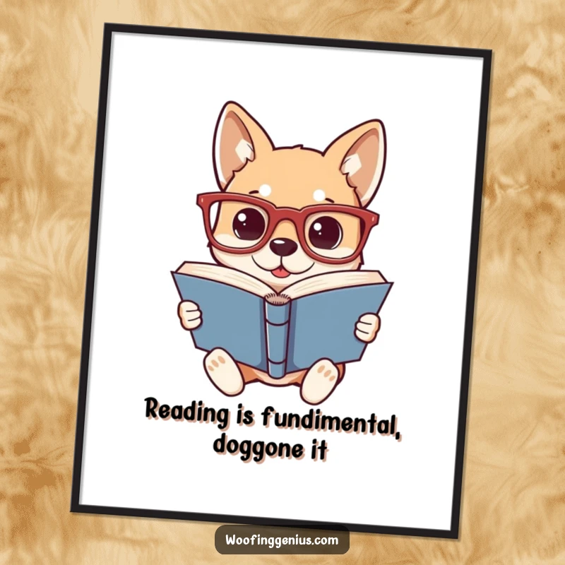 Funny Free Printable Wall Art: A dog wearing oversized reading glasses, absorbed in a thick book, adding quirky intellect to decor.