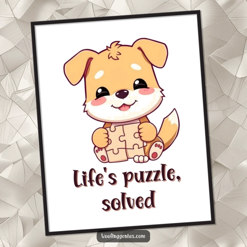 Funny Free Printable Wall Art: Smirking dog wags tail, having solved a large jigsaw puzzle with great satisfaction.