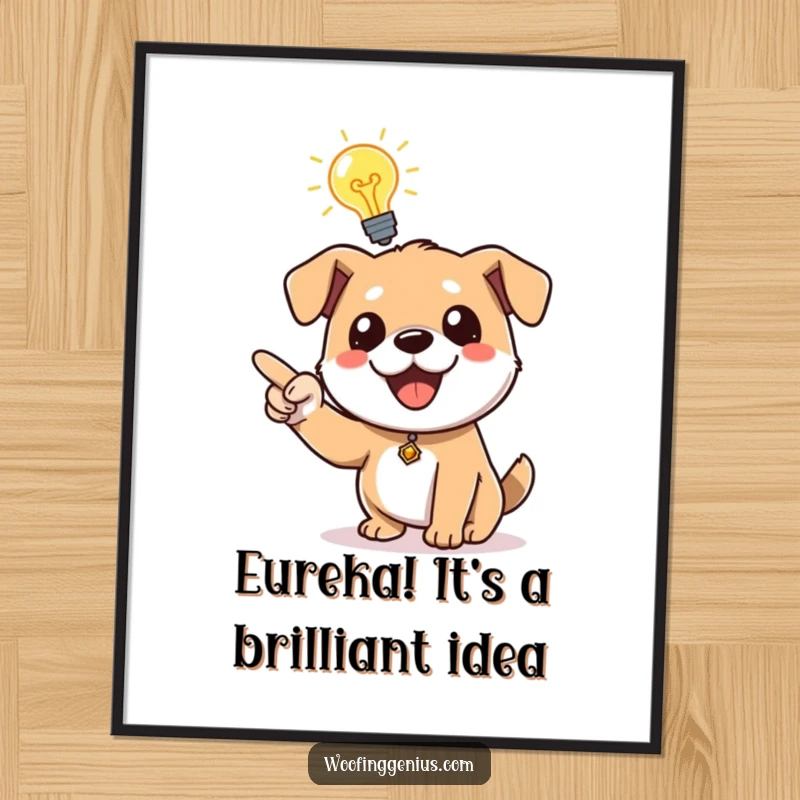 Funny Free Printable Wall Art: A dog has a brilliant idea, indicated by a lightbulb, pointing energetically.