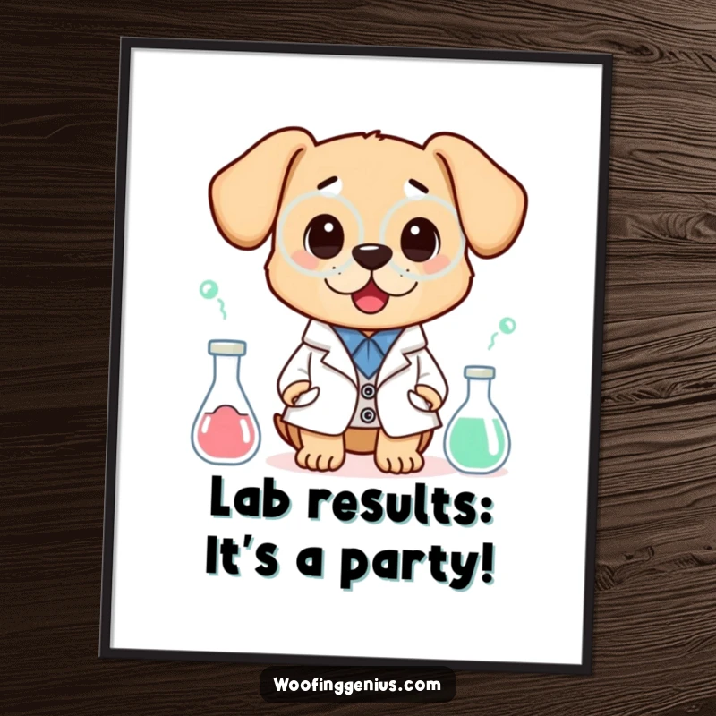 Funny free printable wall art, a dog in a lab coat showing extreme surprise at a bizarre, bubbling experiment.