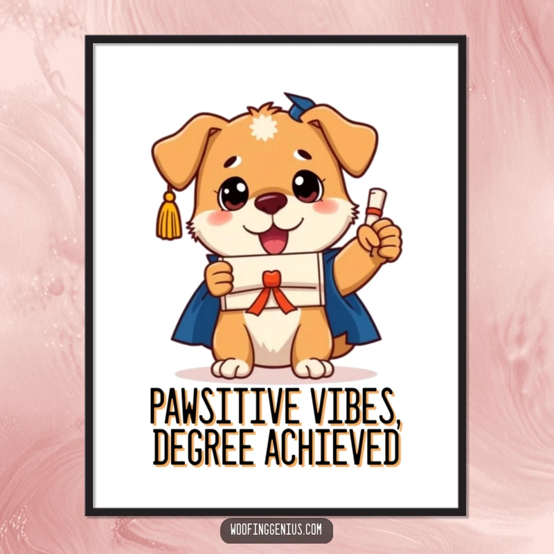 Funny free printable wall art: A triumphant dog wearing a graduation cap proudly holds a tiny diploma, ready for celebration.
