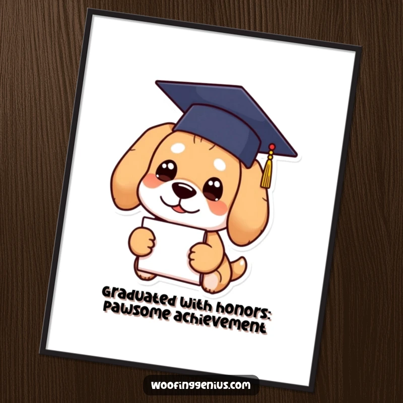 Funny free printable wall art of a dog wearing a graduation cap and holding a diploma, looking intelligent and proud.