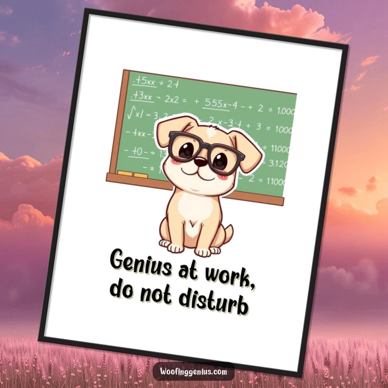 Funny Free Printable Wall Art: A dog with oversized glasses stares at a chalkboard filled with complex mathematical equations.