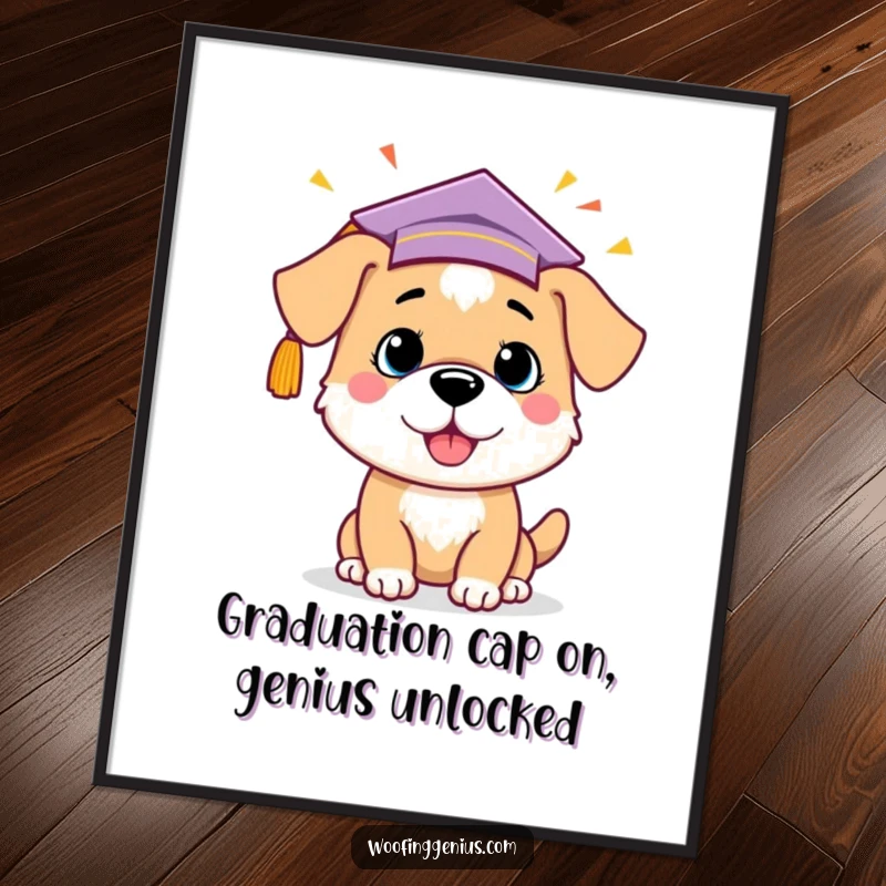 Funny Free Printable wall art of a dog in a graduation cap, enthusiastically celebrating a brilliant new idea with a lightbulb.