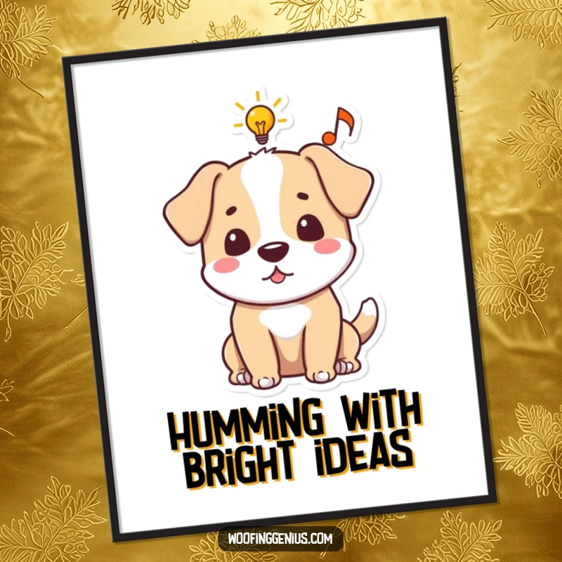 Funny Free Printable Wall Art: Dog's idea bubble contains a bright lightbulb and a musical note, symbolizing inspiration.