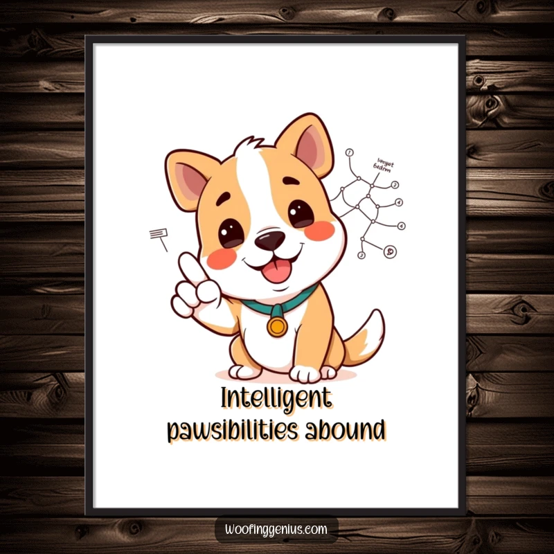 Funny Free Printable Wall Art: A smiling dog points to a detailed diagram, a humorous and intelligent piece.