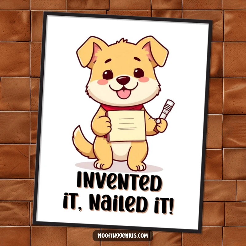 Funny Free Printable Wall Art: A smart dog in a graduation cap holds a diploma and proudly displays a quirky, new invention.