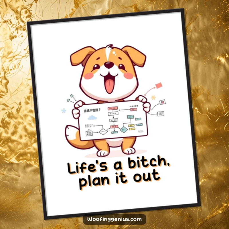 Funny Free Printable Wall Art of a happy dog with a wagging tail excitedly presenting a complex flowchart diagram.