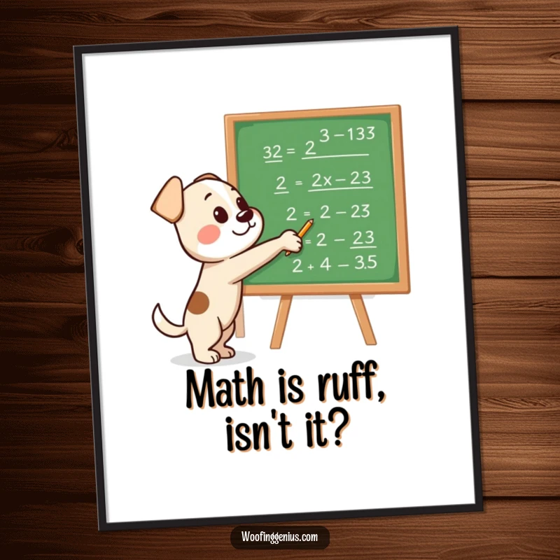 Funny free printable wall art of an intelligent dog pointing confidently at a blackboard covered in complex mathematical equations.